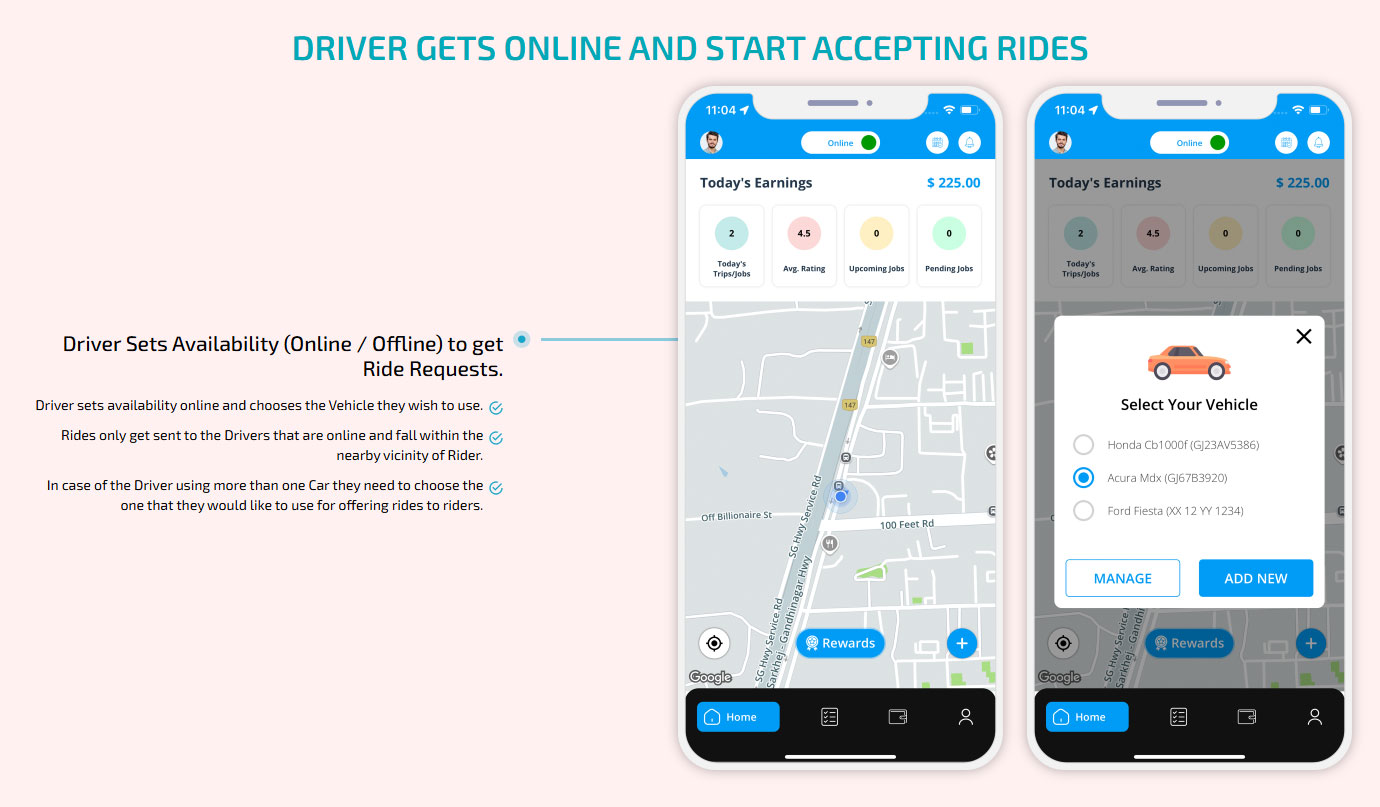 driver gets online and accept rides