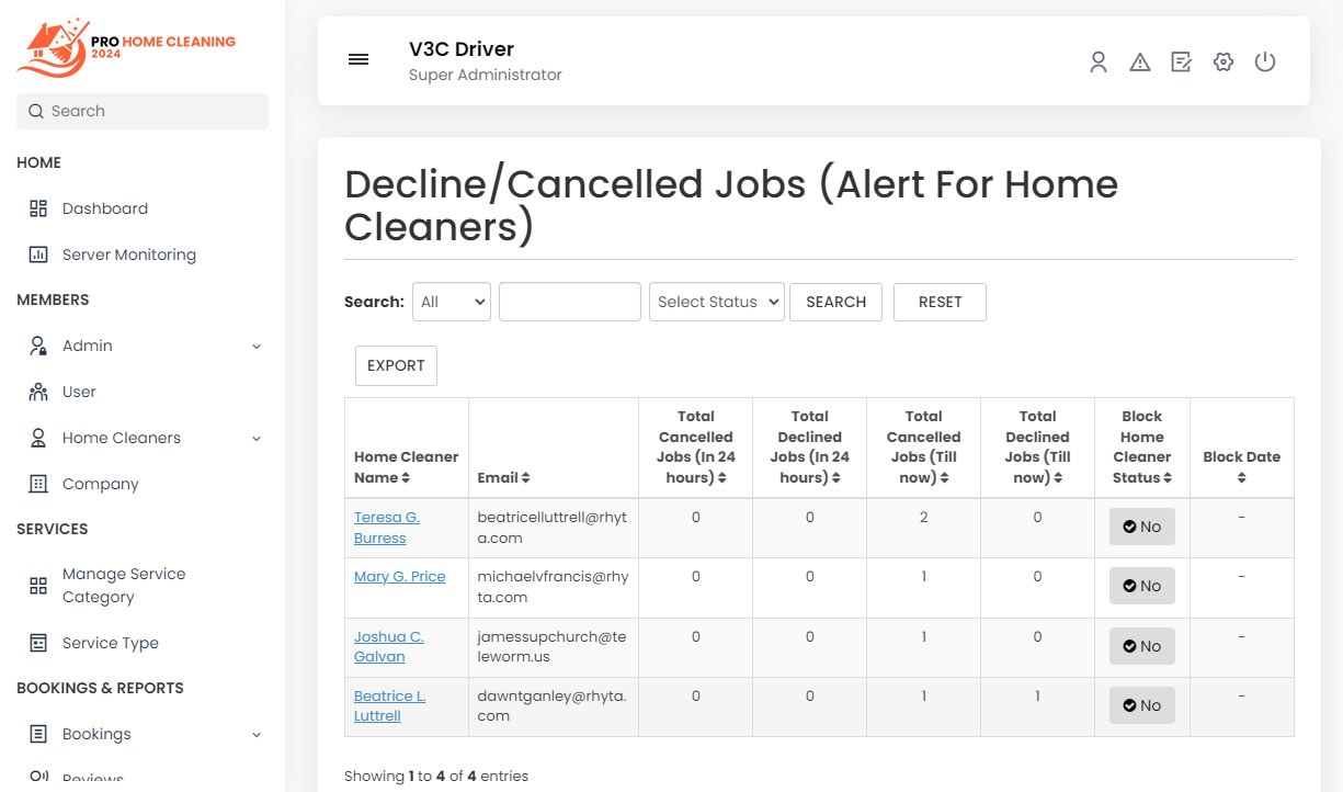 Decline/Cancelled Jobs Alert For Maids